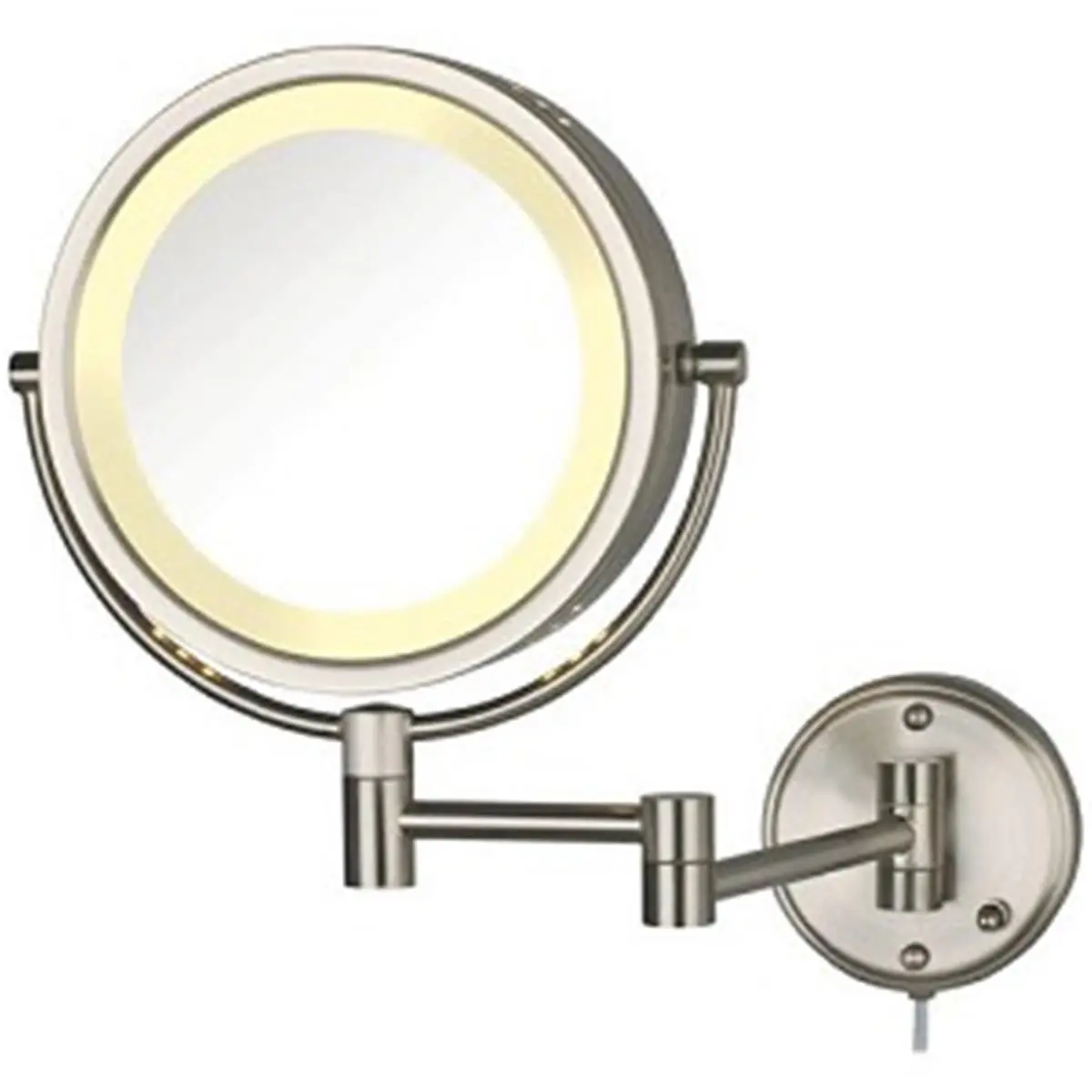 Nickel Round Halo Wall-Mounted Mirror with Lights - 8.5 in. Diameter, 8X-1X Magnification, 13.5 in. Extension, Compact Design Built-in LED Light Bars Vanity Mirror, Built-In Led Light Bars Wall-Mounted Mirrors