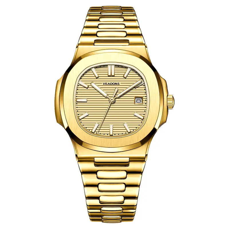 VEADONS Mens Gold Luminous Waterproof Quartz Watch Business Fashion Energy Stone Luxury Wristwatch with Elegant Design
