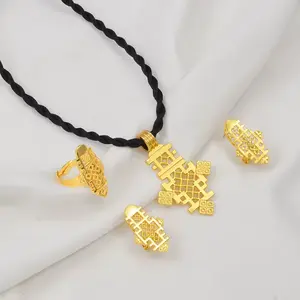 Exquisite Ethiopian Gold Cross Mateb Necklace on Black Rope Chain with Matching Earrings & Ring 3pc Set (24KGP) መስቀል Meskel | Eritrean Necklace