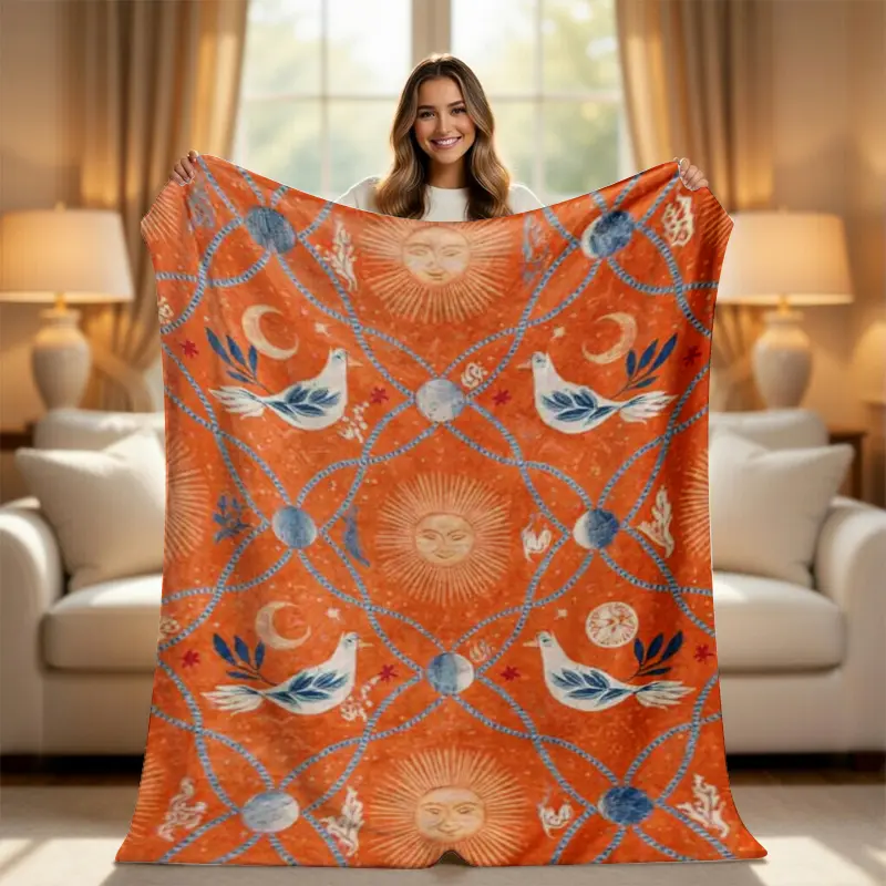 Boho Sun and Moon Throw Blanket - Boho, Celestial, Art Graphic, Bird Motif Styles with Folk Art Dove, Vibrant Orange Burnt Terracotta Decor, Cozy Hippie Spirit Gift, Boho Blankets, Celestial Blankets