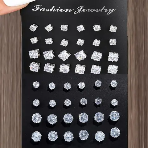 24 Pairs Exquisite Shiny Round Square Shaped Stud Earrings Sparkling Artificial Crystal Inlaid Earrings Set Party Wedding Engagement Anniversary Jewelry Set