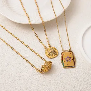 Vintage Star Tarot Card Single Pendant Necklace - Colored Zircon Inset, Non-Collision Fashion Costume Jewelry, Valentine Day Gift, Summer Accessory