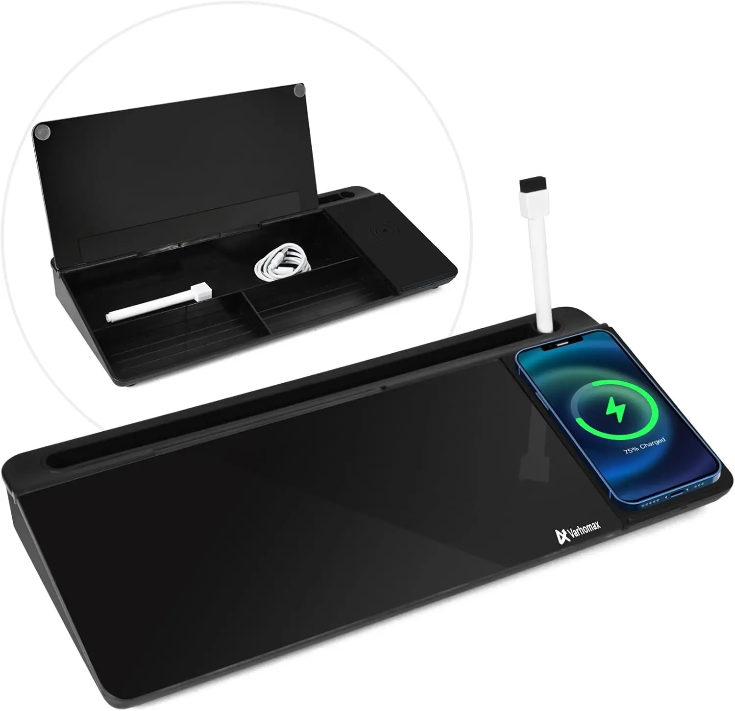 Modern Compact Glass Surface Dry Erase Desk Whiteboard (Black) with Wireless Charger, Desktop Storage, To Do List Memo Notepad for Office/Home