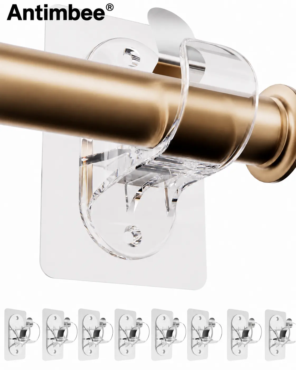 Antimbee 8-Pack Adhesive Curtain Rod Brackets - Silicone+Plastic, 1-Second Installation, No-Drill Damage-Free Holders for 1.3" Max Rod, 18lb Heavy-Duty, Durable Dustproof Renter-Friendly Apartment Bathroom Accessory