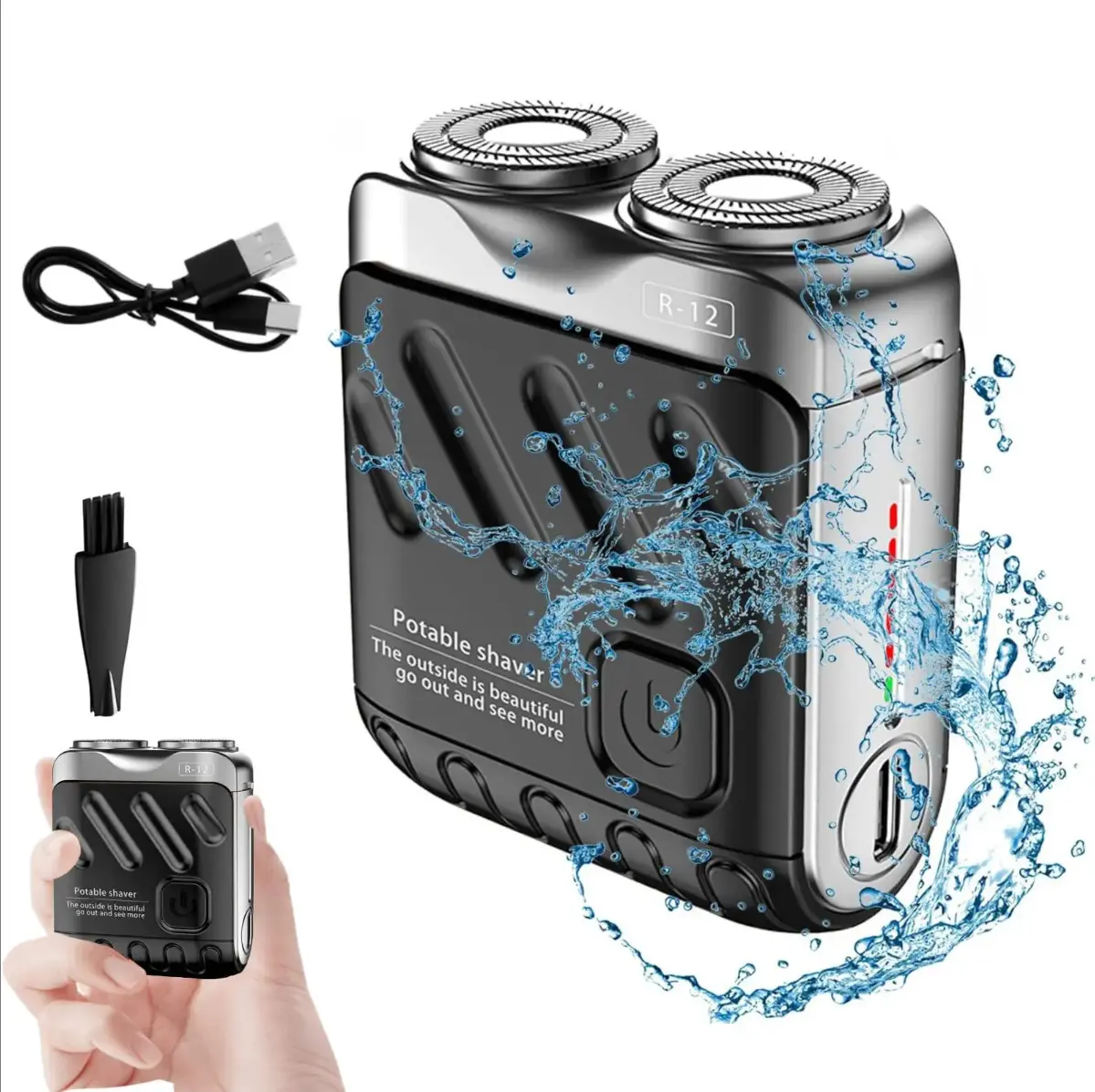 Men's R-12 Mini Electric Rotary Shaver, Lightweight Waterproof Double-Ring Head, Smoothshave Steel Blade, TYPE-C Rechargeable Travel Shaver