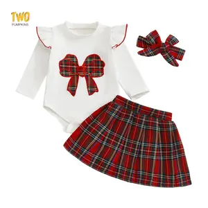 Baby Girl Plaid Bow 3-Piece Set - White Ruffle Bodysuit, Red Plaid Skirt & Headband Outfit
