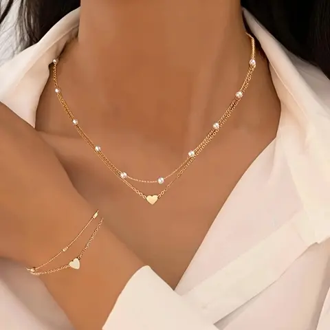 Women's 3-Piece Mix-Match Gold-Plated Assortment Jewelry Set - Hypoallergenic Female Accessory with Cross Necklace, Rapper Link Collarbone Chain, Heart Bracelet, Slip Cross, Boat Anchor Designs, Everyday Wear Gift