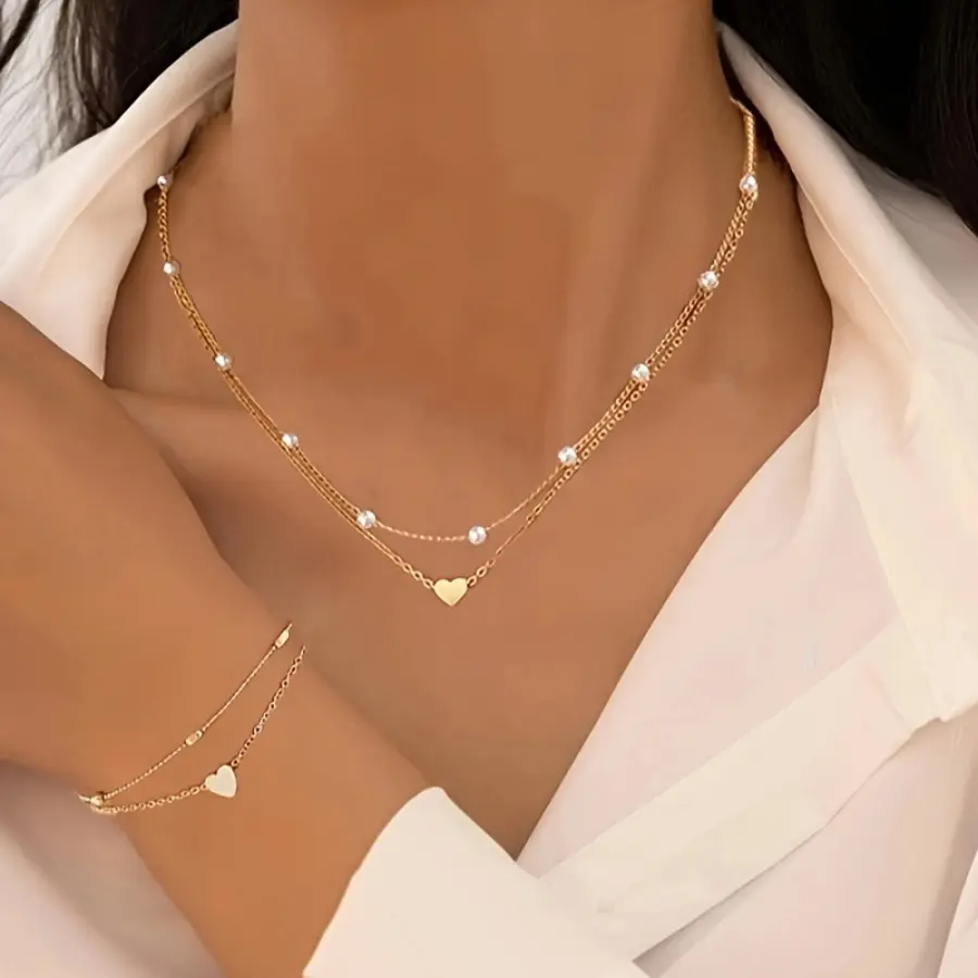Women's 3-Piece Fashion Jewelry Set - Gold-Plated Hypoallergenic Necklaces for Women, Cross Necklace, Rapper Link Collarbone Chain, Simple Heart-Shaped Bracelet, Slip Cross, Boat Anchor & Crucifix Designs, Daily Wear Gift,summervibes, Jewelry For Women, G