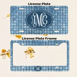 Personalized Blue Mosaic Monogram License Plate and  Frame Custom Name Car Tag Blue Tile Pattern Luxury Aesthetic Car Accessories 12x6 Aluminum Plate Gift for Women