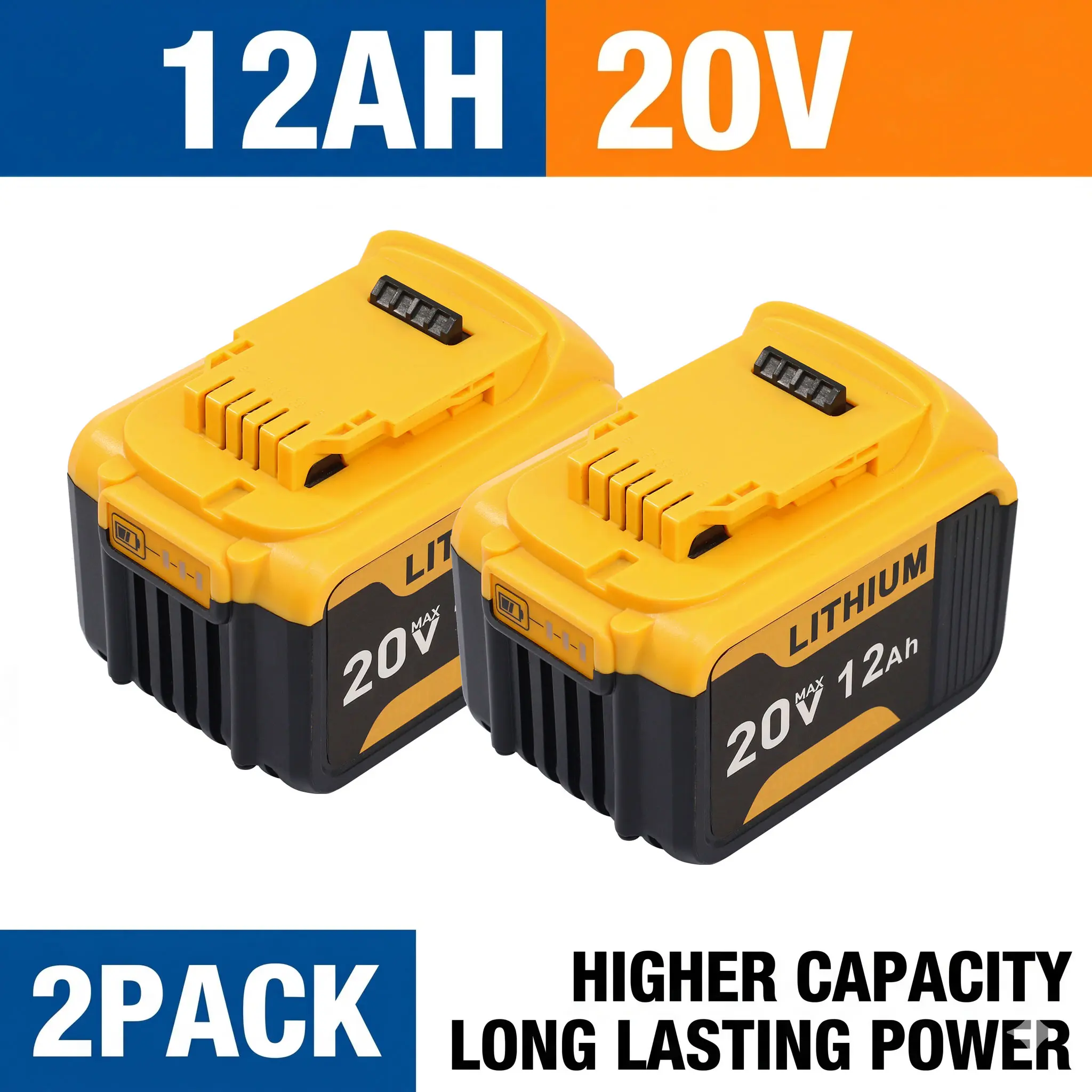 1/2-Pack 20V Lithium Replacement Batteries for DEWALT Power Tools, 12Ah Higher Capacity Upgrade, Fast Charging, No Additional Adapters, Ideal for DIY Projects