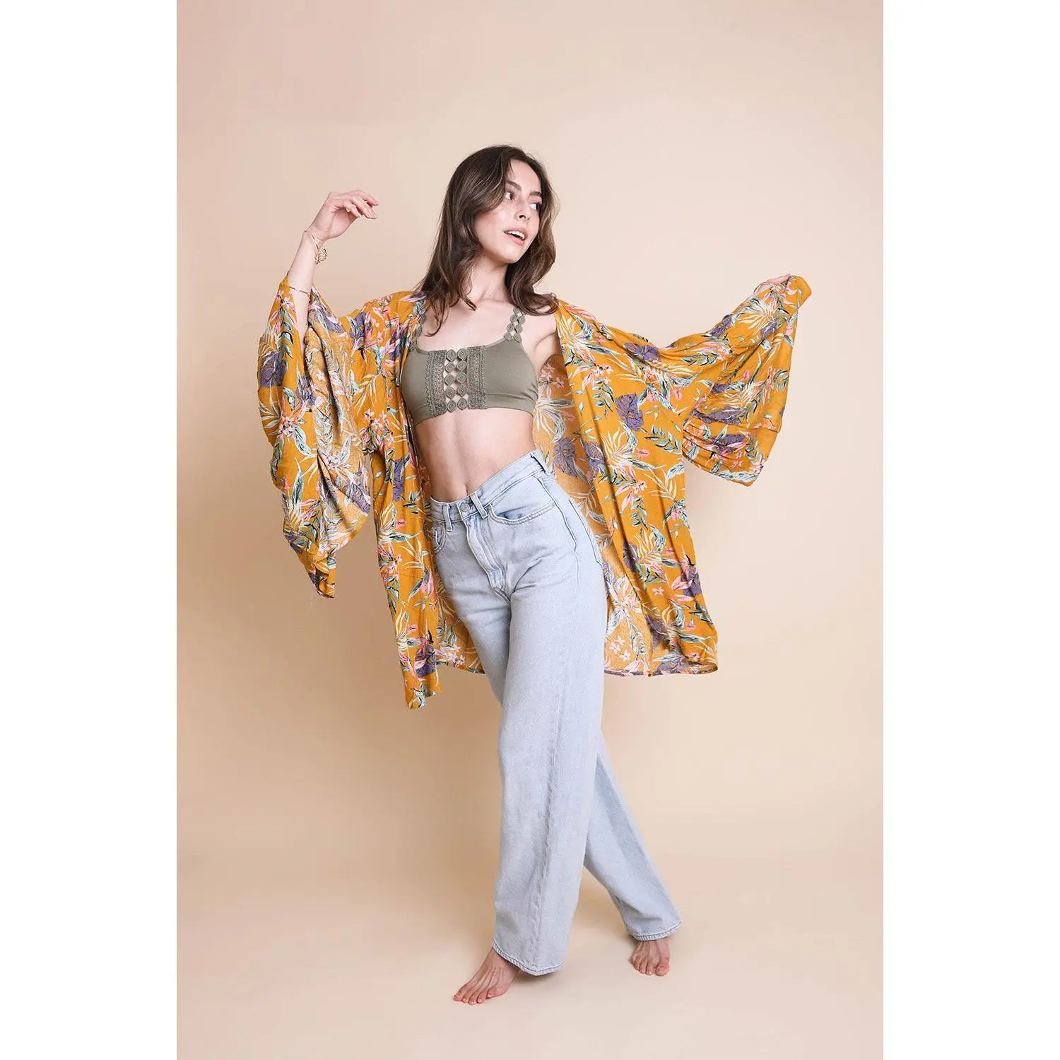 Tropical Leaves Kimono Sleeve Jacket for Women, Navy/White/Mustard Yellow