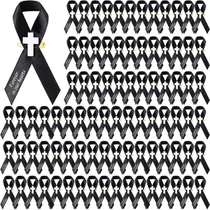 100 count Cross Funeral Memorial Ribbons Pins Memorial Service Respect Ribbon Bow with Safety Pins and Cross for Mourning Remembrance Day Funeral(Black)