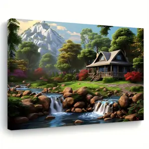 2D Flat Canvas Art Painting with Wooden Frame, Depicting a Wooden House at the Foot of a Mountain, Suitable for Decorating Living Room, Bedroom, and Kitchen, as well as Home and Office Decoration, Perfect Holiday Gift for Him