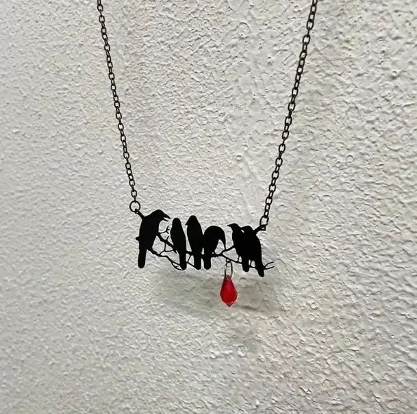 Gothic Black Crow Branch Pendant Necklace, Red Teardrop Blood Crystal Raven Bird Silhouette Statement Necklace