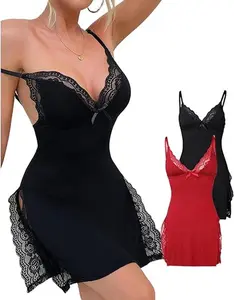 Elegant Lace Wireless Nightgown - Adjustable Shoulder Strap Design & Premium  Side Slit Hem - Sleeveless Sleepwear for Women