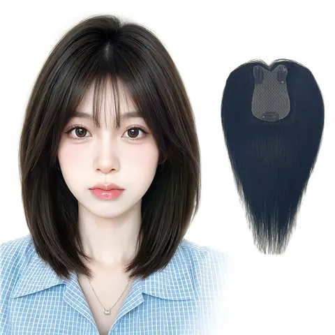 Lotfon Women's Chic Organic Real Human Hair Topper with Bangs - 9.8 in, Fuller Root Lift, Volumizing, Gray-Covering, Lightweight, Invisible Natural Look for Women