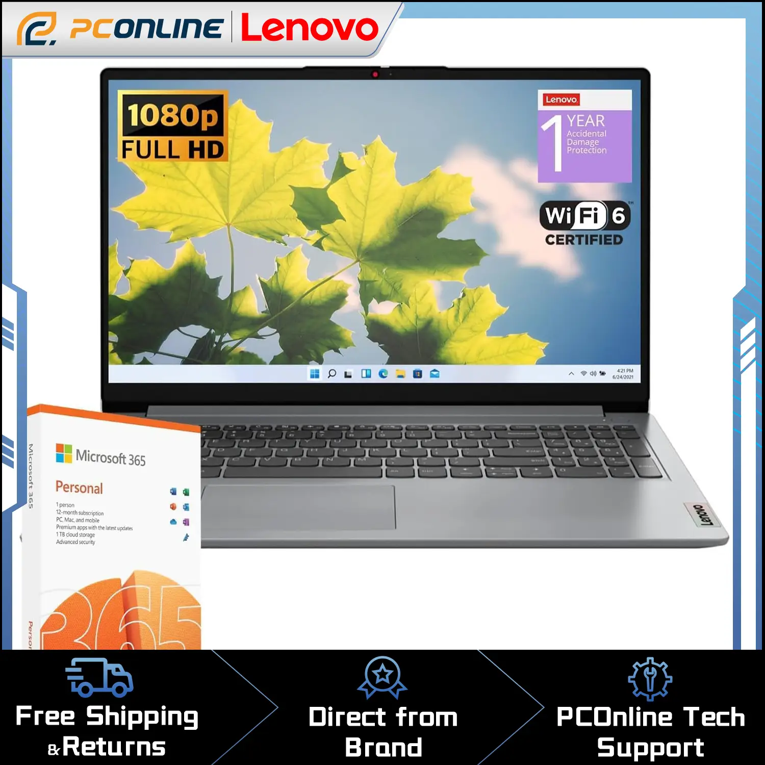 Lenovo IdeaPad 1 15.6" FHD Laptop, Intel N4500 Processor, DDR4, SSD+eMMC, 1 Year Office 365, Windows 11 Home, Wi-Fi 6, SD Card Reader, Grey