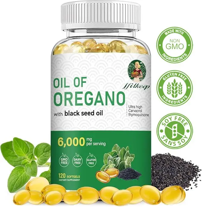 Oregano Oil & Black Seed Oil Concentrated Natural Supplement Capsules - 6000 mg Per Serving, 120 Count, 12 Months Shelf Life, Non-GMO, Gluten-Free Herbs, Rich in Carvacrol, Antioxidant & Immune Support, Intestinal Detox Cleanse
