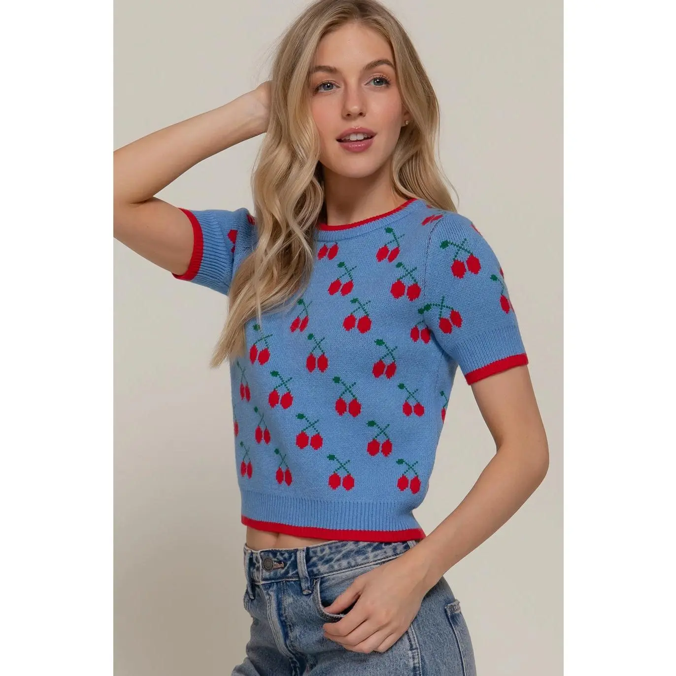 Short Sleeve Cherry Pattern Sweater
