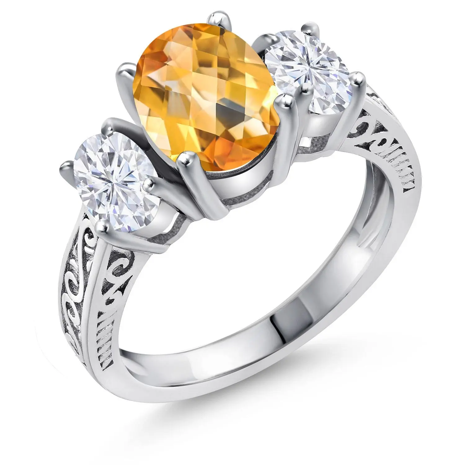 Gemstone Birthstone and White Moissanite 3-Stone Engagement Ring | 925 Sterling Silver | Three Stone Wedding Anniversary Promise Ring For Women | Oval 9X7MM and 6X4MM | Available in Size 5-9
