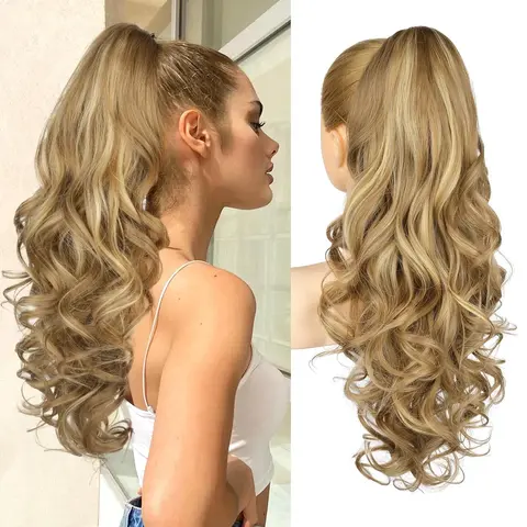 Blonde with Highlights Ponytail Extension - 24 Inch Claw Clip in Ponytail Hair Extensions for Women, Long Curly Ponytails Synthetic Claw Clip in Pony Tails Hairpieces Daily  Burgundy Springtok