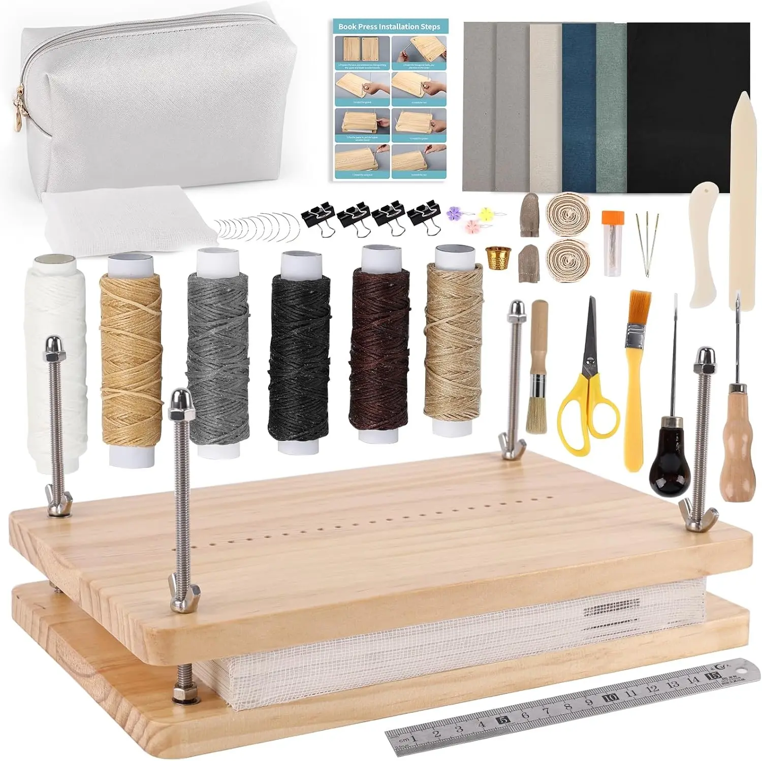 Book Binding Kit for Beginners Complete 52 Pcs, 11.6 x 7.7 Inch BookPress with Premium Tools, Bone Folder, Cloth, Wax Thread & Storage Bag, Ideal for DIY Bookmaking & Book Repair