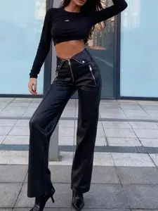 Women's High Waist PU Leather Wide Leg Pants, Zipper Front, Glossy Matte Coating, Perfect for Parties, Commuting, Music Festivals, Casual Straight Leg