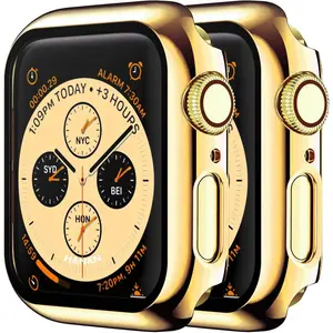 2 Pack Hard Case Compatible with Apple Watch Series 6 5 4 Se 40mm Tempered Glass Screen Protector Case, Full Coverage Plated PC Shell Ultra-thin Shockproof Iwatch Bumper Cover, 40mm, Gold x 2