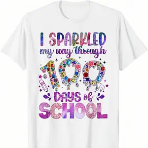 "I Sparkled My Way Through 100 Days Of School" Rainbow Glitter Print White Cotton T-Shirt Tshirt Classic