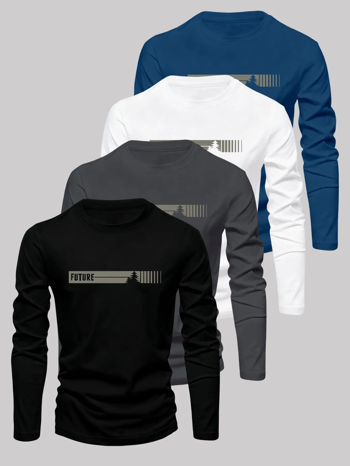 Men's Classic Graphic Print Long Sleeve Knit T-Shirts 4-Pack, Casual Fitted Tops for Fall & Winter, Versatile Basic Tees, Knitwear