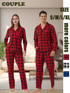 Couple's Plaid Print Button Front Pajama Two-piece Set, Casual Fit Comfy Long Sleeve Pocket Top & Elastic Waist Pants Pj Set, Couple's Sleepwear for Spring & Fall