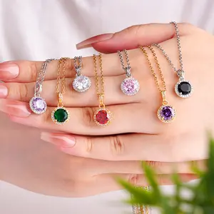 Elegant Necklace for Women Copper Inlaid Zircon Geometric Round Pendant Light Luxury Versatile Stainless Steel Gold Plated Collarbone Chain 41cm-50cm