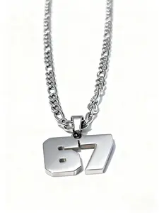 Lucky Number 67 Pendant Trendy Necklace, Street Minimalist Style Stainless Steel Cuban Link Chain, Unisex Fashion Jewelry