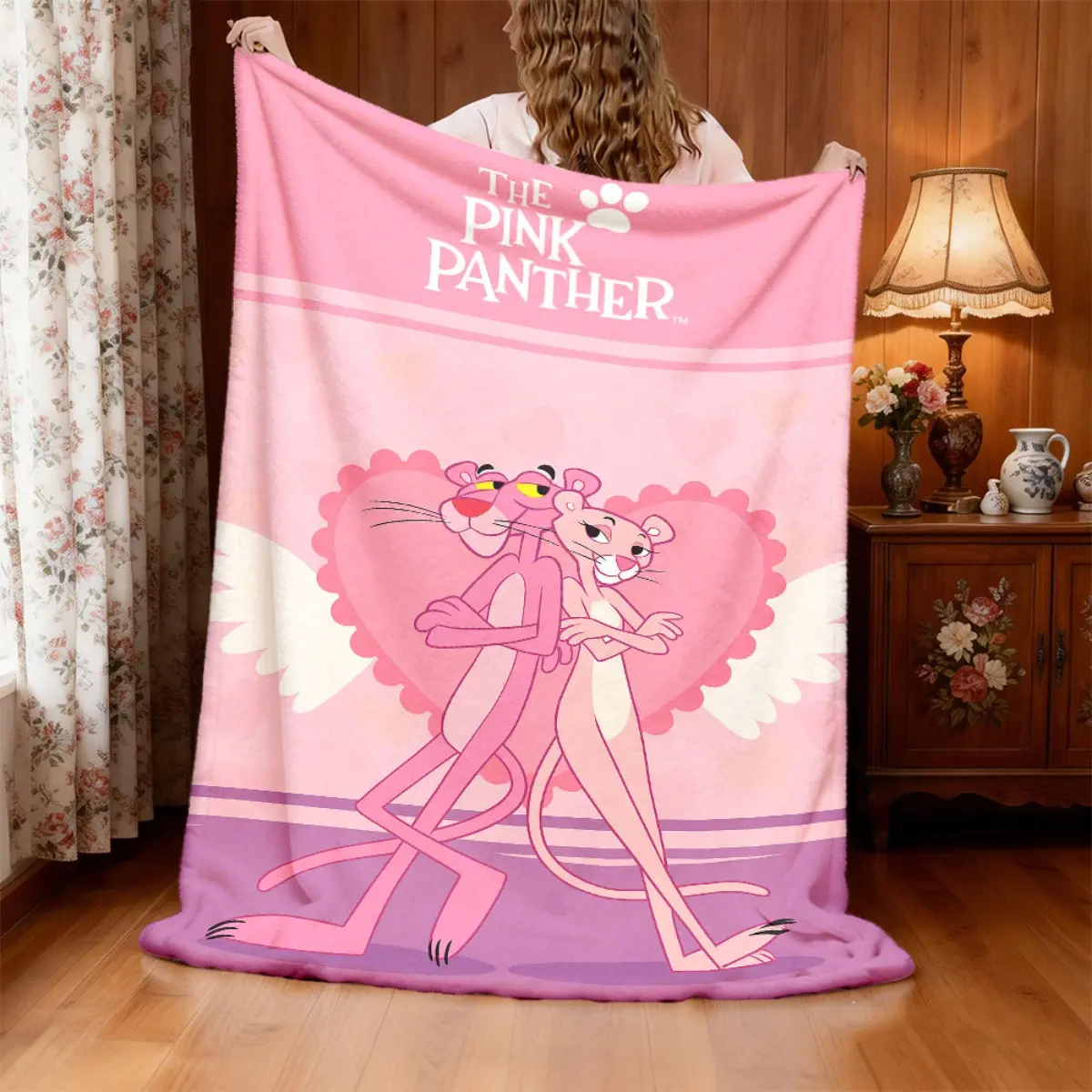 Pink Panther Flannel Printed Soft Warm Blanket - 1 Ultra-Soft Glam Cozy Throw Blanket, Breathable Comfy, Wrinkle Resistant, Machine Washable, Ideal for Sofa/Bed, All-Season Use, Comfy Blankets