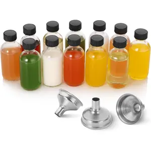 12 Pack, 2 oz Small Clear Glass Bottles w/Lid & 3 Funnels - 60ml Boston Shot Bottles for Health, Immunity, Potion, Wellness, Sample, Ginger, Juice - Mini Personal Care & Beauty Travel Bottle