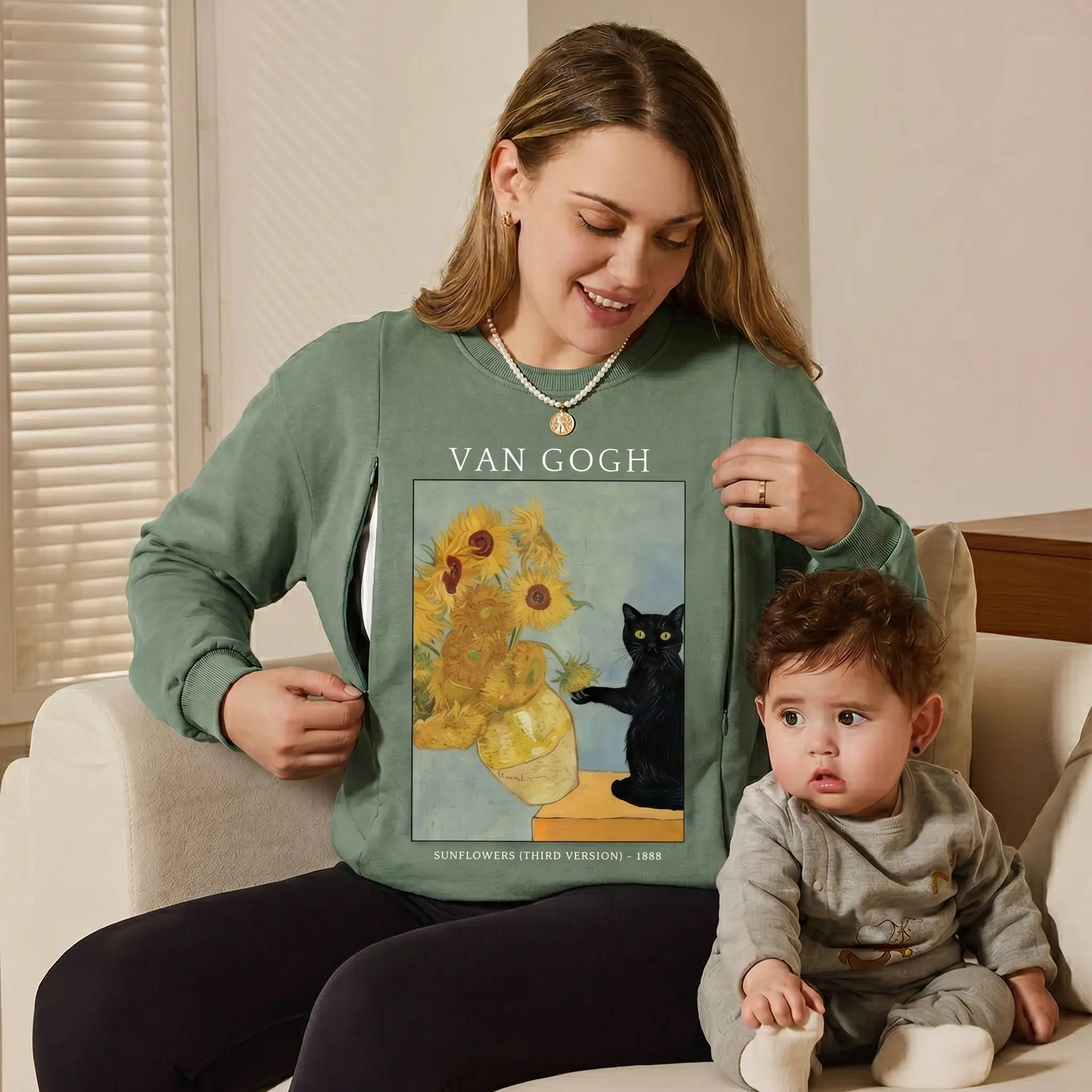 Giftifymama Van Gogh Print Crew Neck Nursing Sweatshirt - Women's Normal Type Regular-Fit 80% Cotton 20% Polyester Spring-Autumn Top, Hidden Zipper, S-XXL, Postpartum Maternity Outfit, Mother's Day Gift, Cool Iron on Reverse Side, Casual Chic Outfits