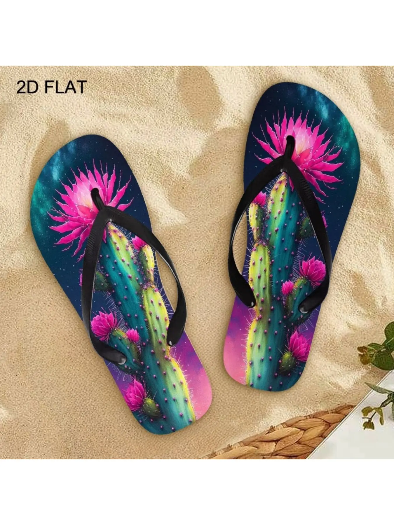 Women's Fashion Flip - Flops, Multiple Colors & Sizes Available, Stylish Cactus Design, Comfortable & Durable, Suitable for Summer Beach & Daily Wear, Add a Touch of Surreal Desert Night Style to Your Outfit, Women Shoes