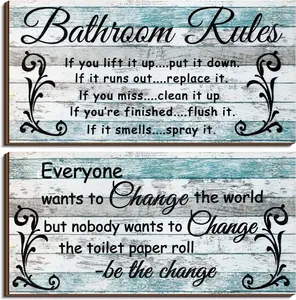 2 Pieces Funny Bathroom Signs Bathroom Wall Decor Toilet Wall Accessories Farmhouse Toilet Rustic Wooden Signs(Chic Style)