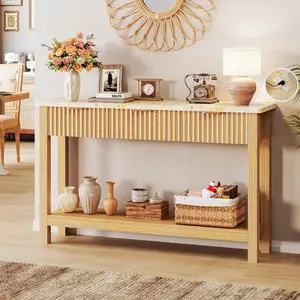 47.2" Fluted Console Table with 3 Drawers, Long Sofa Table with Storage Behind Couch, Modern Entryway Table with Power Outlet & Open Storage for Entrance/Hallway/Foyer/Living Room, Oak