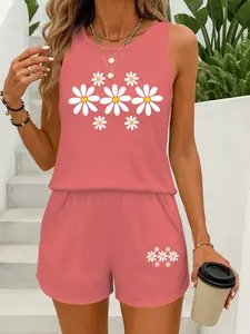 Women's Summer 2-Piece Casual Shorts Set, Matching Shorts Set, Sweet Fresh Floral Print with Daisy Theme, Sweet Girl Style Solid Sleeveless Top and Hot Pants Set, Comfortable Beach Vacation Wear, Summer Wear