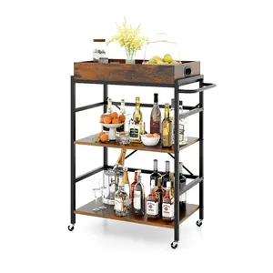 COSTWAY - 3-Tier Industrial Bar Cart with Detachable Tray for Kitchens-Rustic Brown