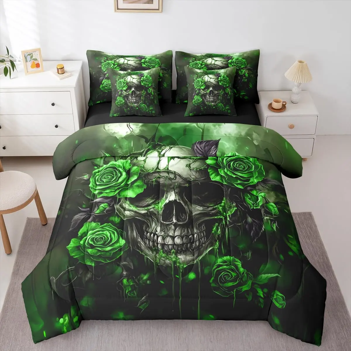 Feelyou 7-Piece Gothic Skull Microfiber Bedding Set - Halloween Rose Sugar Skull Comforter, Matching Sheets Included