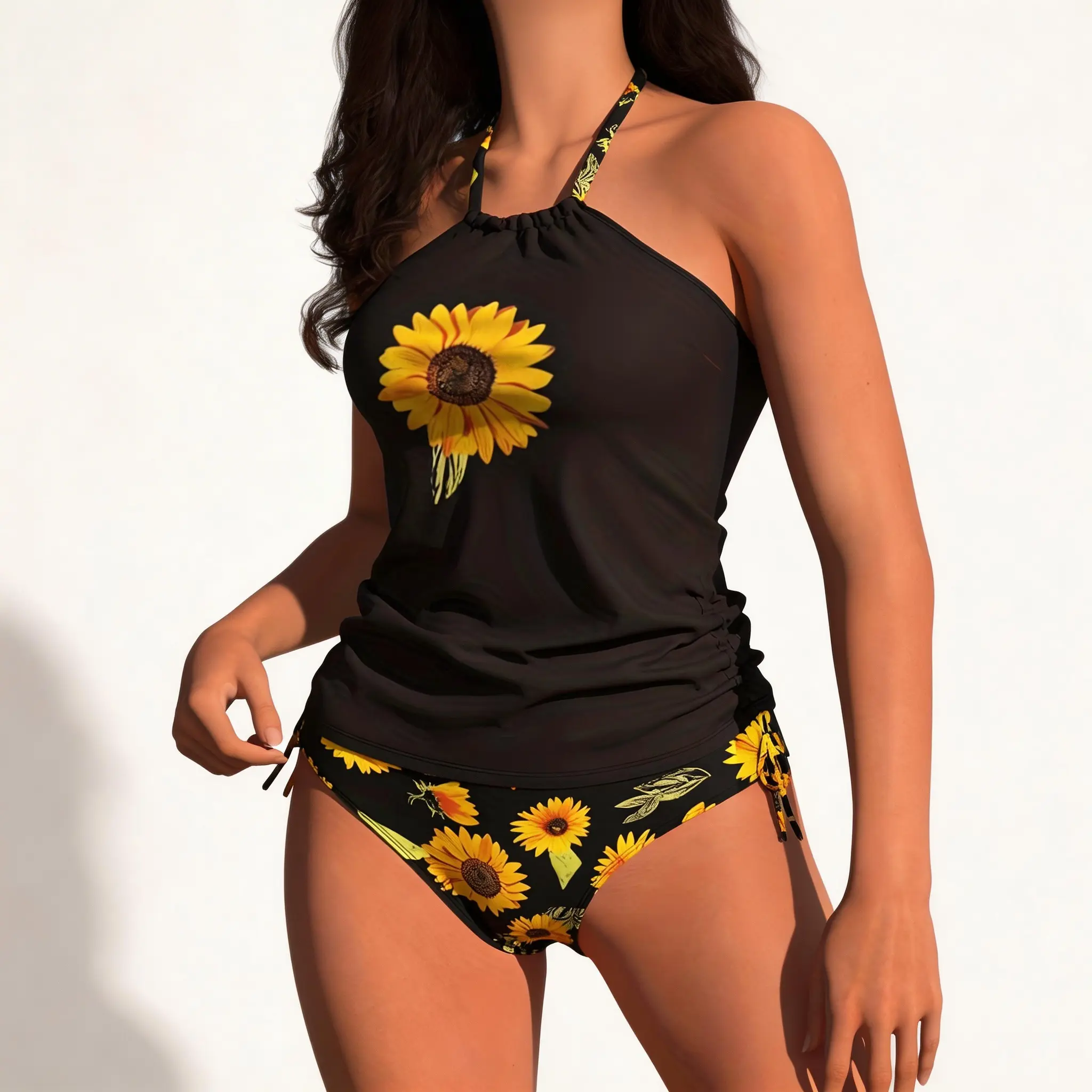 Women's Tank Swimsuit Two-Piece Set: Sunflower Pattern Halter Top with Bikini Trunks. Tummy-control design, suitable for beach and pool.