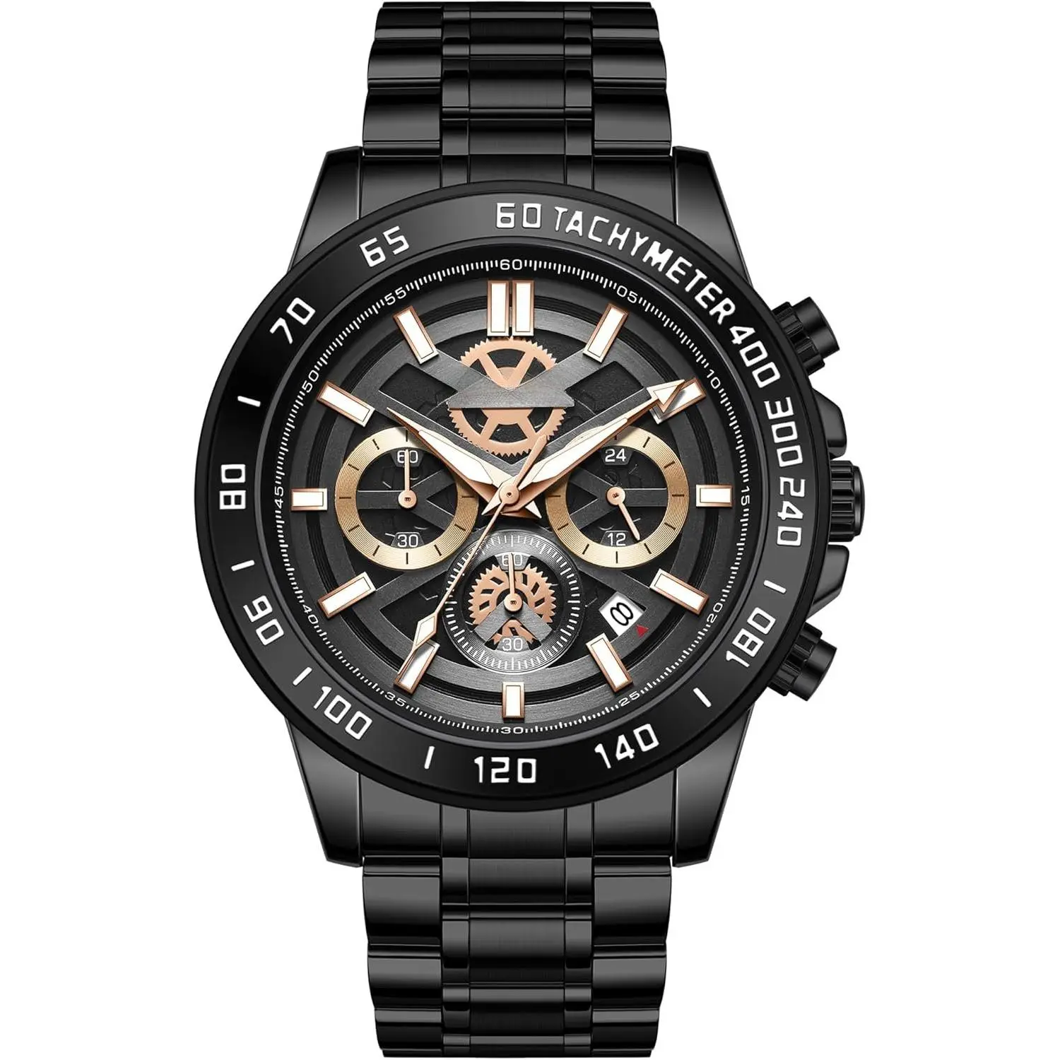 Black Chronograph Watches for Men, Analog Quartz Mens Watches, Fashion  Wrist Watches with Calendar, 30M  Luxury Casual Dress Work Watch, Luminous Skeleton Watches Gifts for Men
