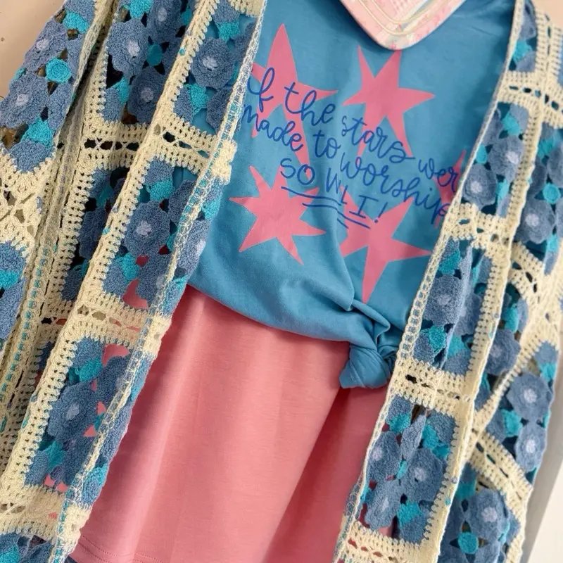 If The Stars Were Made To Worship. Blue comfort color tee with a tone in tone blue and PINK pop of color!
