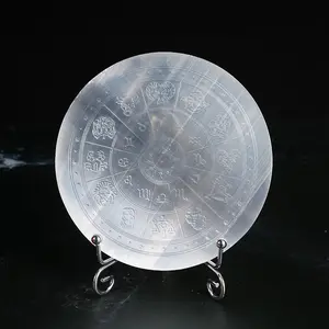 LOVSKAYA 4-in Natural Crystal Selenite Jewelry Charging Plate - Adorned with Life Tree, Flower, Zodiac Signs, Lotus, Evil Eye, 7 Stars, Energy-Boosting Astrology Accessory