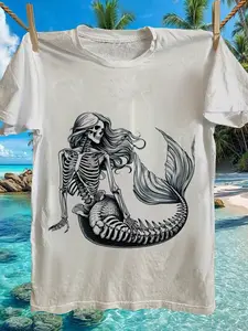 Unique Graphic Tee Featuring a Gothic Skeleton Mermaid with Flowing Hair And Tail, Showcasing a Mythical Aesthetic in Black And White, Perfect for Casual Wear