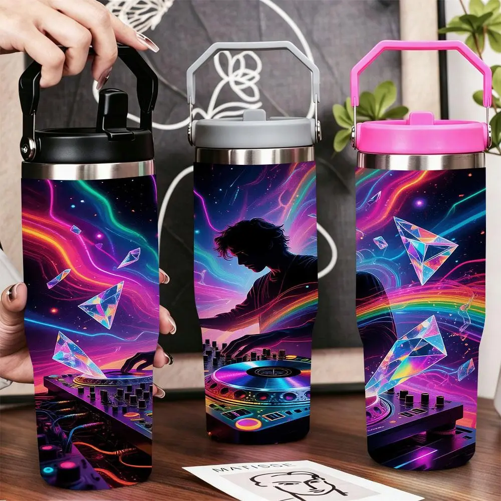 DJ silhouette neon crystal shards Stainless Steel Tumbler with Lid & Straw | 40oz 30oz 22oz 20oz 12oz Double Wall Vacuum Insulated Cup, Keeps Cold & Hot, Leak Proof BPA-Free Travel Mug for Gym Office Car