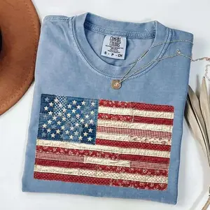 (FAUX PATCHWORK-PRINT) Comfort Colors 4th of July Shirt, Faux Patchwork USA Shirt, Digital Print Shirt, Retro American Flag Shirt, Patriotic Shirt, Fourth of July Shirt, USA Flag Tee - HARSIN