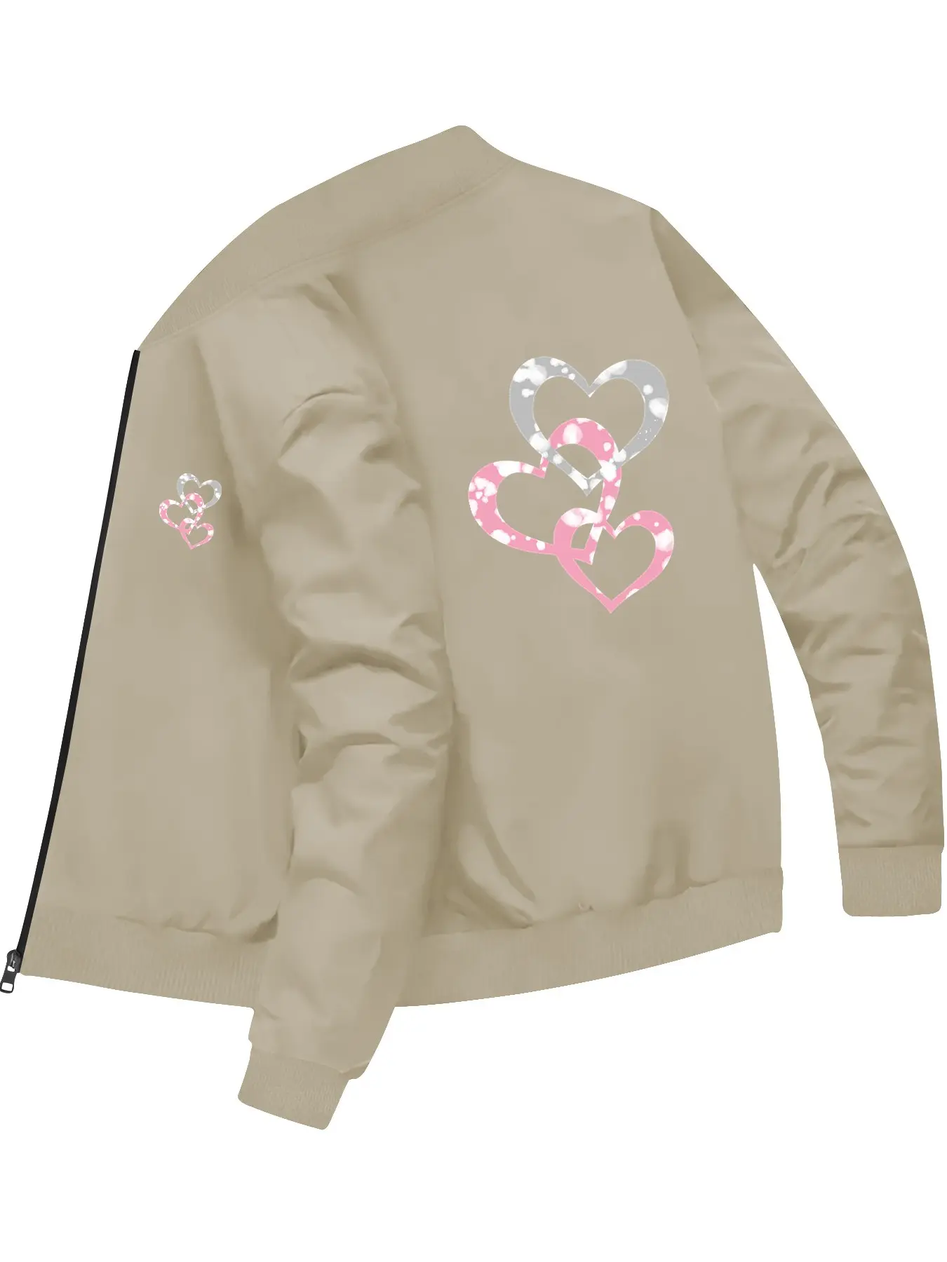 Sweet and Cute Style Women's Pink and Silver Heart Printed Bomber Jacket for Daily Leisure and Fashionable Outfits